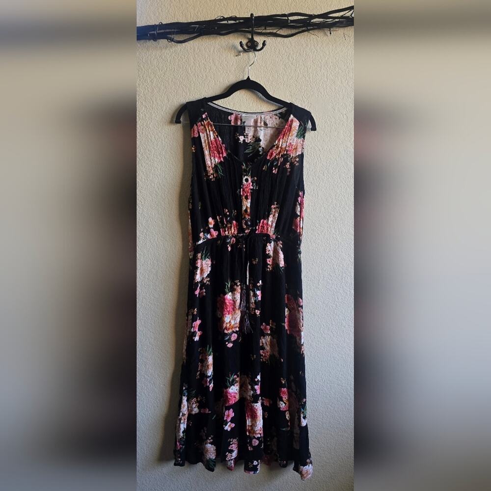 Floral Black Midi Dress - Boho - Cottagecore - Whimsigoth - Hippie - romantic